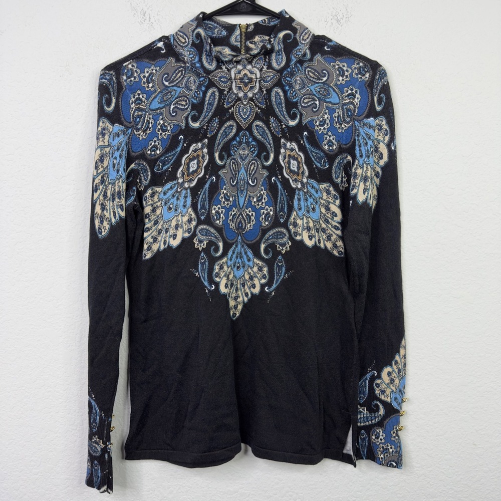 Chico's Sweater Womens 0/S Black Blue Paisley Baroque Knit Whimsigoth Boho Artsy